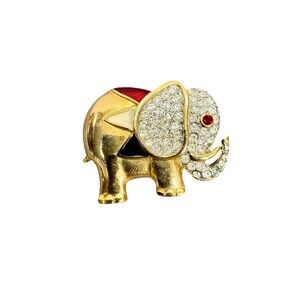Vintage AD Enamel Rhinestones Elephant Pin Brooch Statement Gold Tone 2004